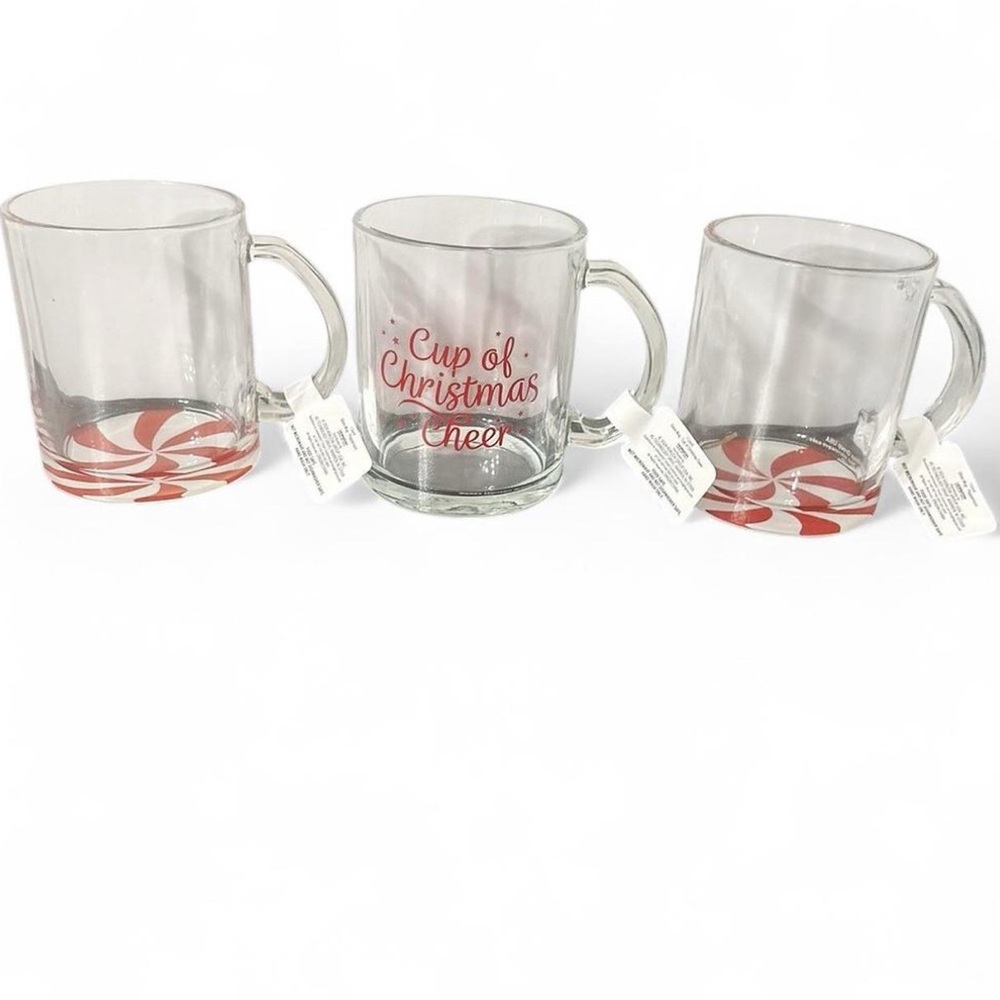 Set of Three Christmas Glass Mugs with Red Peppermint Design